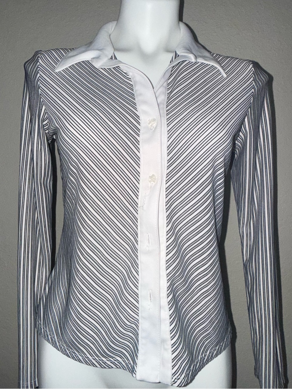Womens Black & White Striped mesh Shirt - Classic Collar